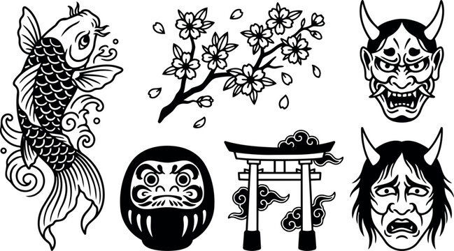 Traditional japanese style vector art featuring koi fish daruma doll cherry blossom branch torii gate and angry and sad oni masks in black and white