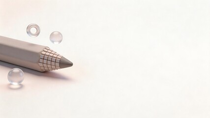 Close-up silver mechanical pencil with glass marbles on clean white background
