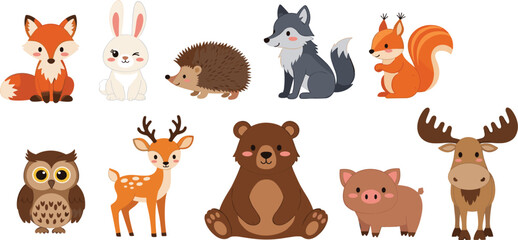 Fototapeta premium Cute Forest Animal Icons Set Featuring Fox, Owl, Bear, Deer, and More for Kids' Nature and Wildlife Designs