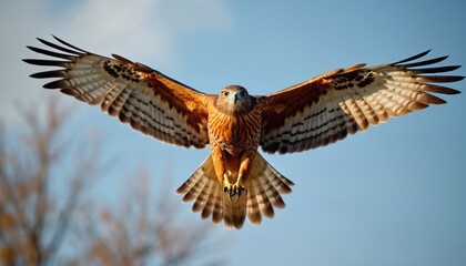 Fototapeta premium Red shouldered hawk flies with open wings. Bird of prey soars against blue sky. Bird has detailed brown and white feathers. Its sharp eyes scan below.