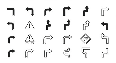 Collection of Directional Arrows and Warning Signs for Navigation.