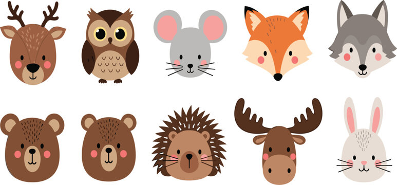 Cute Forest Animal Faces Set Featuring Deer, Owl, Mouse, Fox, Wolf, Bear, Hedgehog, and More for Kids' Design