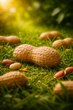 Whole peanut in shell lying on green grass with several peanuts and kernels around in sunlight outdoor macro scene