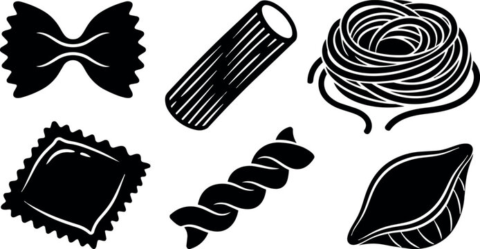 Black and white flat design vector icons depicting six unique pasta types including farfalle rigatoni spaghetti ravioli fusilli and conchiglie shapes