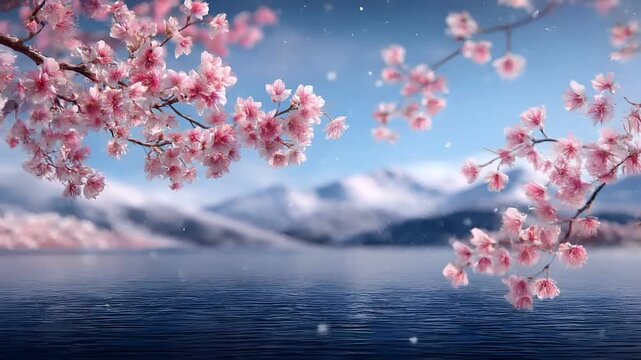 Spring snow ice thaw, end of Winter Season, hope, fresh start. A tranquil scene of cherry blossoms in full bloom against a backdrop of snowcapped mountains and a clear blue sky.