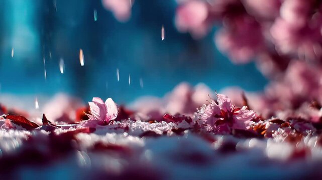 Spring snow ice thaw, end of Winter Season, hope, fresh start. A closeup of pink cherry blossoms in full bloom on a snowy ground, with water droplets glistening on their petals.