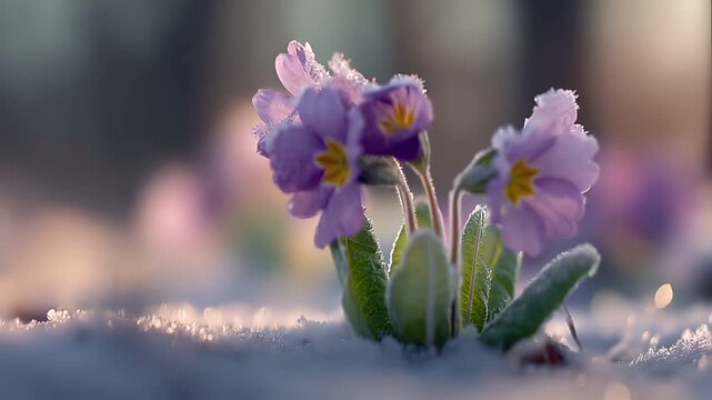 Spring snow ice thaw, end of Winter Season, hope, fresh start. A closeup of purple primrose flowers with dewcovered petals and green leaves, set against a blurred background.