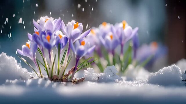 Spring snow ice thaw, end of Winter Season, hope, fresh start. A closeup of purple crocus blossoms in the snow, with a blurred background. The flowers are surrounded by a blanket of white snow.