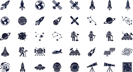 Space exploration icons set with astronauts and spacecraft © Mofajjol