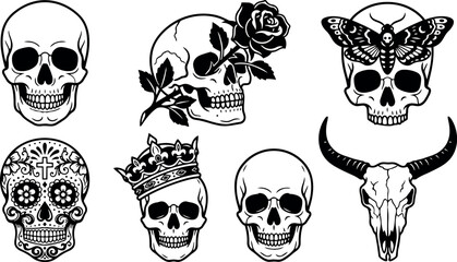 Fototapeta premium Black and white tattoo flash skulls with crown rose butterfly and decorated sugar skull art style collection set
