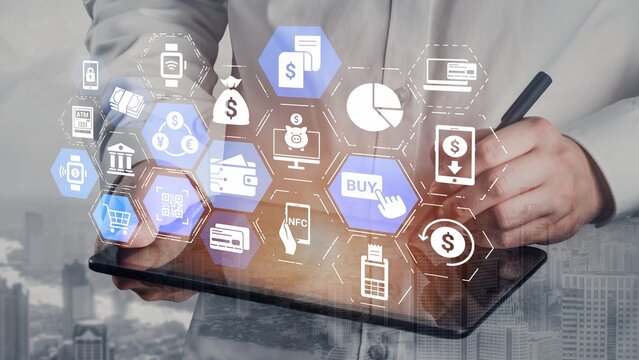 Digital wallet icons show mobile payment, digital wallet transfer, and online banking. Digital wallet supports secure payment, cashless transactions, and financial integration. Funnel