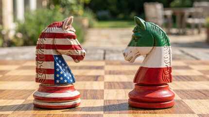 Fototapeta premium American And Iranian Flag Knight Chess Pieces Facing Off International Relations