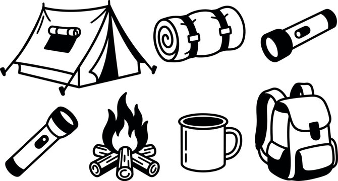 Black and white camping icons with tent flashlights backpack mug and campfire vector art collection detailed line design camping gear set