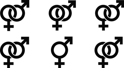 Obraz premium Male and female gender symbols set with interlocked signs representing relationships, sexuality, identity and gender concepts in simple black icon collection