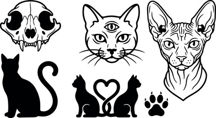 Fototapeta premium Black and white line art mystical three eyes cat skull silhouette sitting cats with heart shaped tails and paw print vector art
