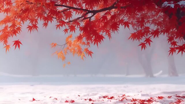 Spring snow ice thaw, end of Winter Season, hope, fresh start. A Japanese maple tree with vibrant red leaves standing in a snowcovered forest. The tree stands tall against a misty backdrop.