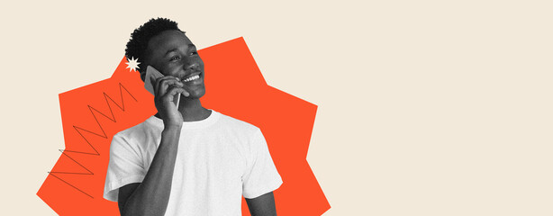 A person stands while talking on the phone. The background has abstract shapes and colors. The scene shows a casual setting and the person appears engaged in conversation. © Prostock-studio