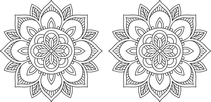 Intricate floral mandala vector ornaments featuring minimalist line art with symmetrical petals and decorative patterns for coloring books.