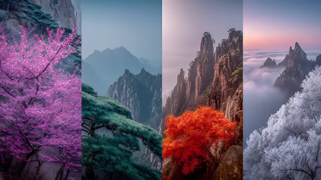 Spring snow ice thaw, end of Winter Season, hope, fresh start. A collage of four distinct landscapes, each with its own unique color palette. The leftmost image features a tree with vibrant pink.