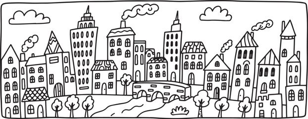 Fototapeta premium City landscape. Line urban backdrop. Skyline with clouds, different buildings on street, doodle street draw, outline cityscape hand sketch, flat houses. Hand drawn vector illustration