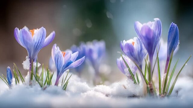 Spring snow ice thaw, end of Winter Season, hope, fresh start. A closeup of vibrant purple crocuses in the snow, their delicate petals and leaves contrasting against the white backdrop.