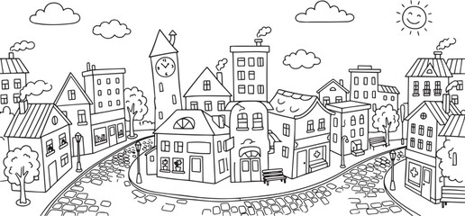 Fototapeta premium City landscape. Line urban backdrop. Skyline with clouds, different buildings on street, doodle street draw, outline cityscape hand sketch, flat houses. Hand drawn vector illustration