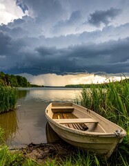 Obraz premium A small boat rests on a lake's edge, under a dramatic, stormy sky