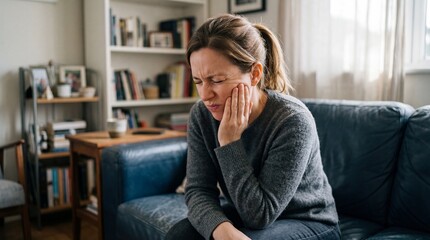 Obraz premium Woman suffering from toothache pain at home