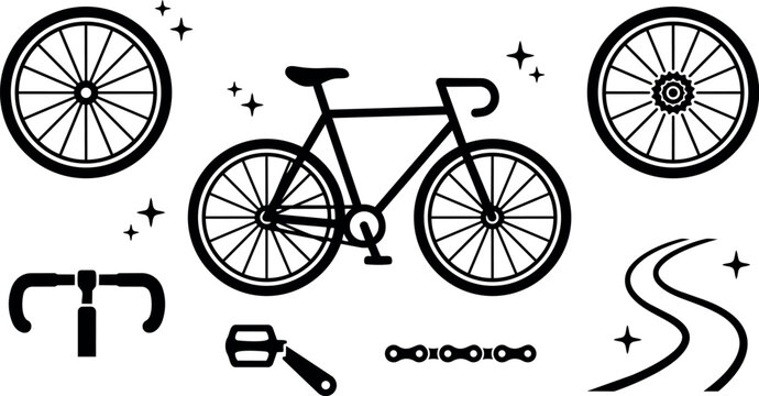 Minimalist vector art black bicycle with separate wheels pedals chain handlebars and curved road symbols on white background