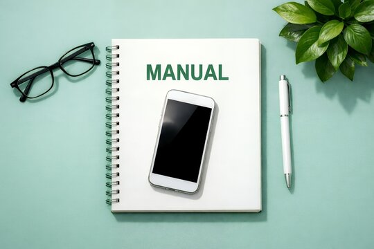 真上から撮影したノートとスマートフォンと眼鏡に観葉植物が添えられたマニュアルのイメージ