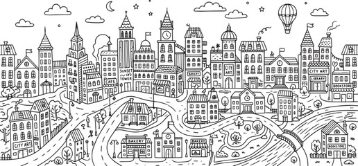 Obraz premium City landscape. Line urban backdrop. Skyline with clouds, different buildings on street, doodle street draw, outline cityscape hand sketch, flat houses. Hand drawn vector illustration