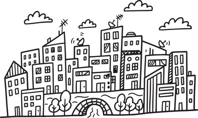 Fototapeta premium City landscape. Line urban backdrop. Skyline with clouds, different buildings on street, doodle street draw, outline cityscape hand sketch, flat houses. Hand drawn vector illustration