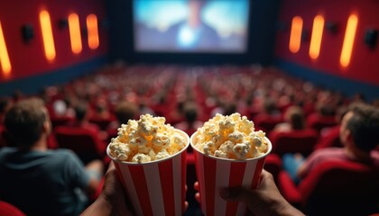 Fototapeta premium Hands hold popcorn buckets in dark cinema theatre watching movie screen. Audience in red seats enjoys film. Entertainment night out with friends and snacks.