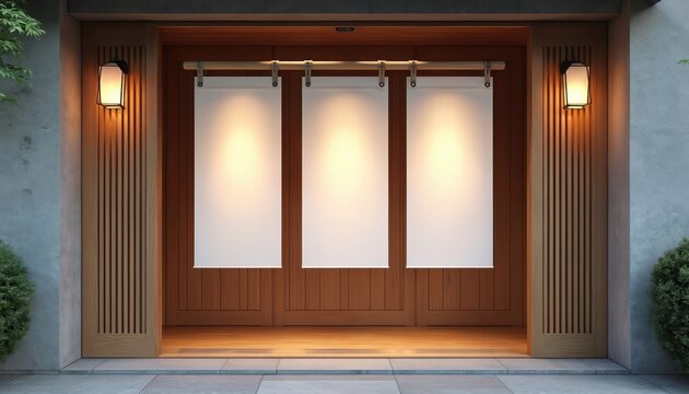 Blank white noren banners hang at traditional Japanese restaurant entrance. Soft lighting illuminates wooden door frame. Offers space for custom text graphics and branding.