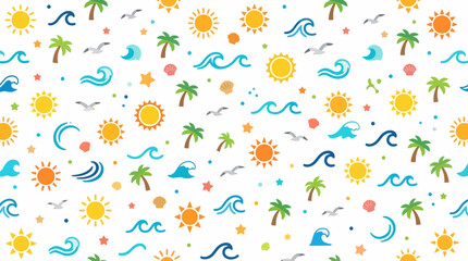 Seamless summer beach pattern with suns waves palms and playful icons. © pixel*