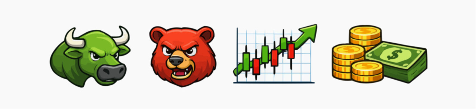 Bull and bear market icon set with price chart and cash stack representing stock trading volatility investor sentiment financial growth risk management and market analysis in a clean vector style