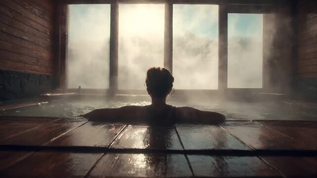 Geothermal hot springs resort, spa, bath pool, winter relaxation vacation theme. A woman in a hot tub, surrounded by a wooden floor, with a wooden wall to her left and a window to her right.