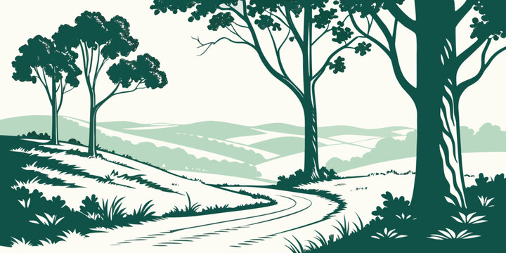 Forest Pathway to Hills Flat Vector Illustration 