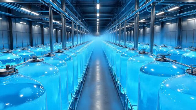 Rows of large blue liquid containers in a facility