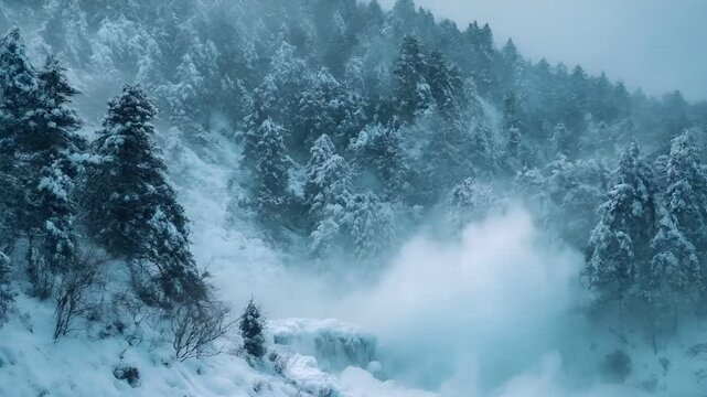 Geothermal hot springs resort, spa, bath pool, winter relaxation vacation theme. A wintery scene with snowcovered trees and a misty mountain backdrop. The snow is pristine white.