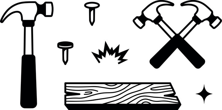Minimalist black and white vector art of hammer nail wooden plank crossed tools and impact strike illustration