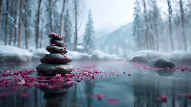 Geothermal hot springs resort, spa, bath pool, winter relaxation vacation theme. A tranquil winter scene with a stack of pebbles balanced on top of a body of water.