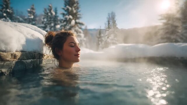 Geothermal hot springs resort, spa, bath pool, winter relaxation vacation theme. A woman in a hot spring surrounded by snowcovered trees and a clear sky illuminated by the sun.