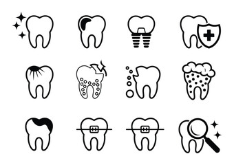 Dentistry Outline Icons Set Vector Illustration, Dental Care and Oral Health Line Symbols with Tooth, Dentist Tools, Clinic Equipment, and Medical Hygiene Elements for Healthcare Design