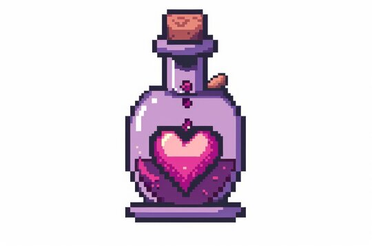 Pixel love potion bottle icon with heart, purple pink 8 bit pixel art fantasy game item isolated on white background
