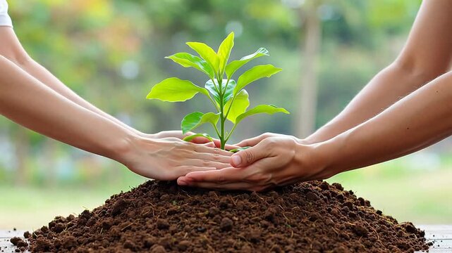 Hands nurturing a young plant