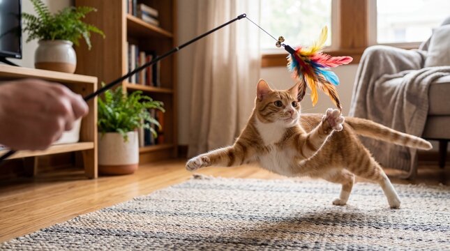 Orange tabby cat playing with feather toy at home