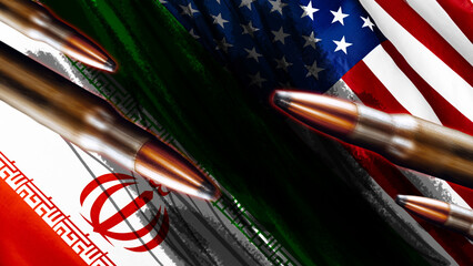 Obraz premium Conflict between Iran and USA shown through flags and bullets in an artistic representation