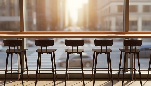 Empty bar stools aligned by a sunlit window overlooking a bustling city street, a modern urban cafe or restaurant setting awaiting patrons with a vibrant downtown view
