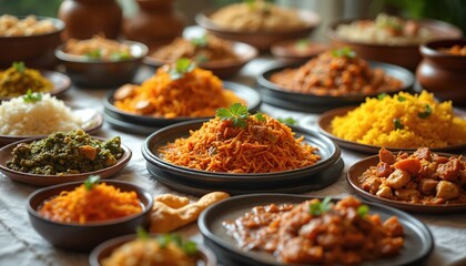 Obraz premium Large spread of Indian cuisine featuring rice dishes curries and bread. Many bowls and plates with savory meals arranged on tablecloth. Delicious food variety for feast.